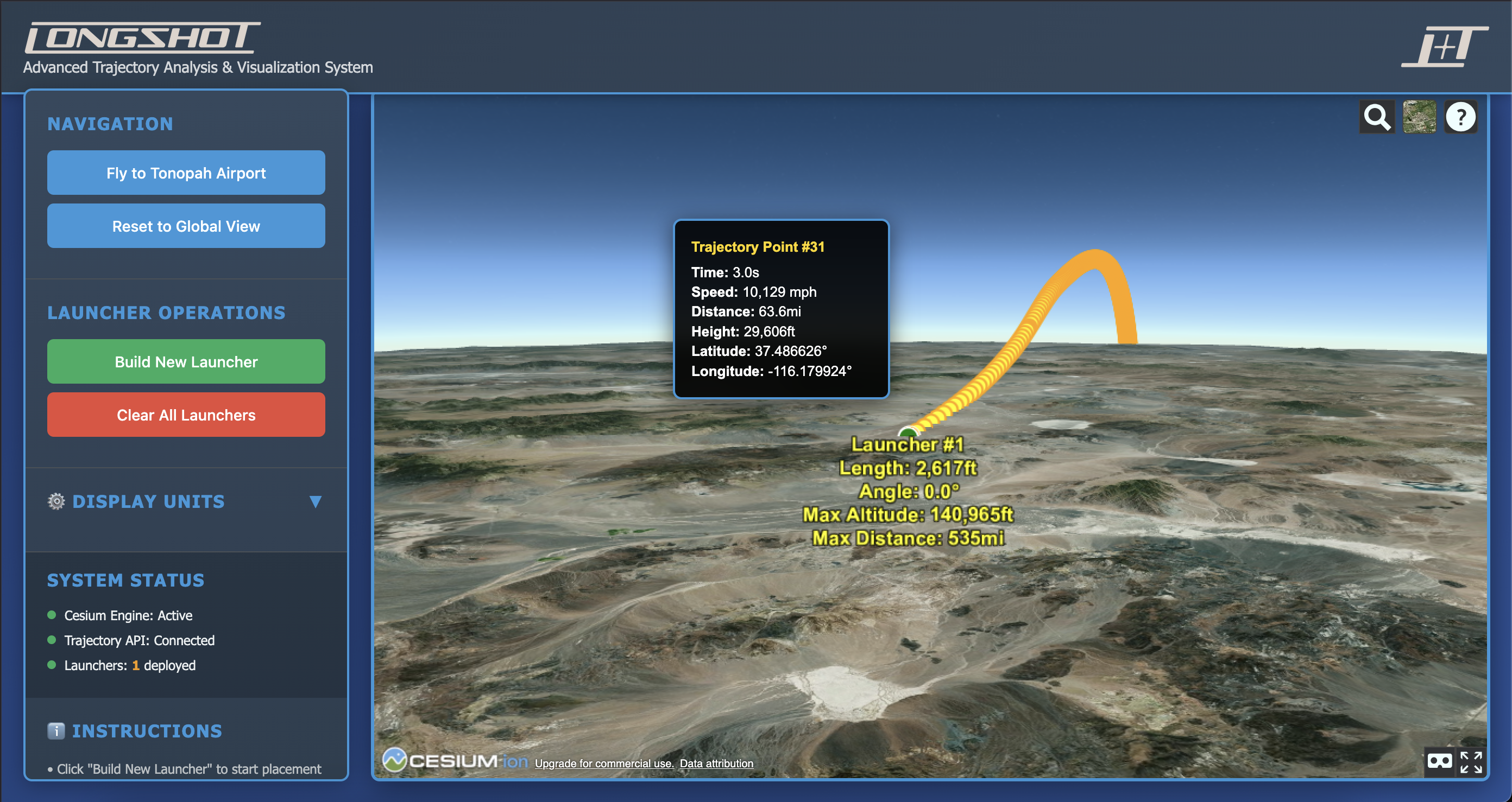 Launch Trajectory Visualizer showing 3D projectile path over Nevada desert